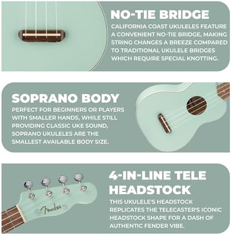 Fender Venice Soprano Ukulele   Surf Green Bundle with Gig Bag  Tuner  and Austin Bazaar Instructional DVD