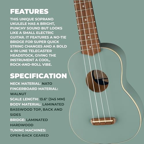 Fender Venice Soprano Ukulele   Surf Green Bundle with Gig Bag  Tuner  and Austin Bazaar Instructional DVD
