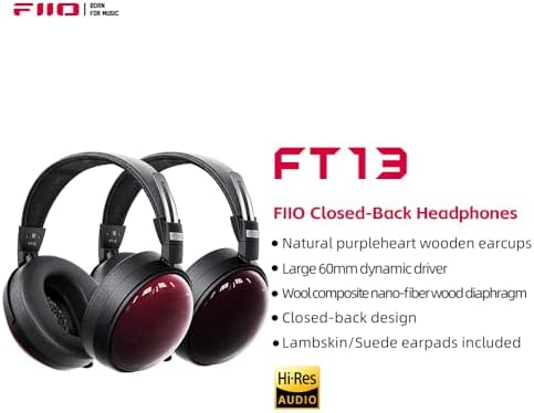 FiiO FT13 Audiophile Closed Back Headphones  60mm Large Dynamic Driver with W Shaped Wool & Nano Wood Fiber Diaphragm  Premium Purpleheart Wood Design  Furukawa Copper Hybrid Cable Purple 