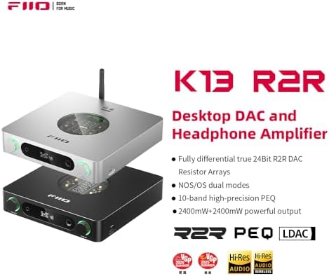 FiiO K13 R2R Desktop DAC & Headphone Amp  High Fidelity 24Bit R2R DAC  Powerful 2400mW Output  LDAC Bluetooth Streaming  Dual Power Supply  10 Band PEQ  Balanced XLR & RCA Audio Output  Silver 
