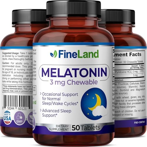 FineLand MELATONIN 3mg Chewable  50 Tablets  50 Day Supply  Fast Dissolve  Normal Sleep  Wake Cycles Support  Sleep Aid  Premium  Healthy  Made in USA