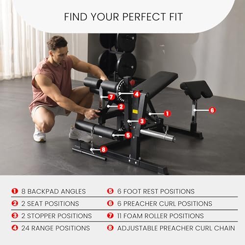 Finer Form GLX Adjustable Weight Bench with Leg Extension and Curl Machine  Total Body Bench for Home Gym  Great for Bench Press  Sit Ups  Preacher Curl  Hip Thrusts and Other Plate Loaded Exercises