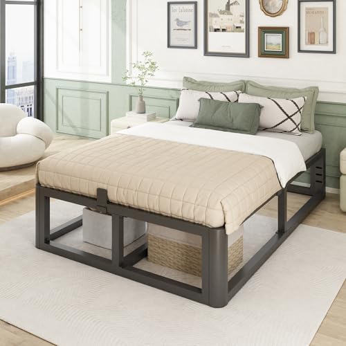 Firpeesy Metal Heavy Duty 14 inch Full Bed Frame with Rounded Corner and Headboard Hole Mattress Retainers 3500 LBS No Box Spring Needed Platform Noise Free Easy Assembly