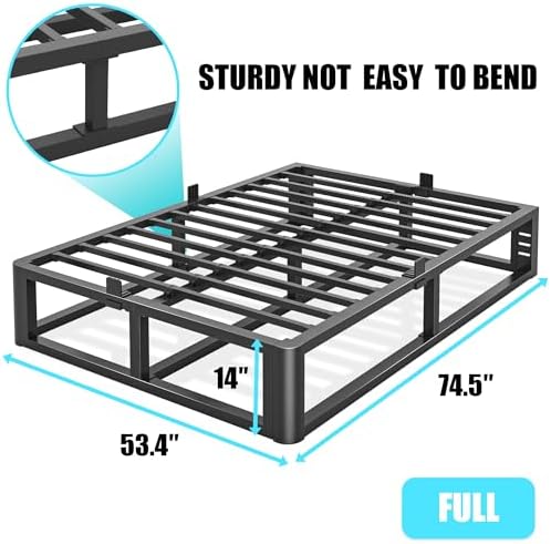 Firpeesy Metal Heavy Duty 14 inch Full Bed Frame with Rounded Corner and Headboard Hole Mattress Retainers 3500 LBS No Box Spring Needed Platform Noise Free Easy Assembly