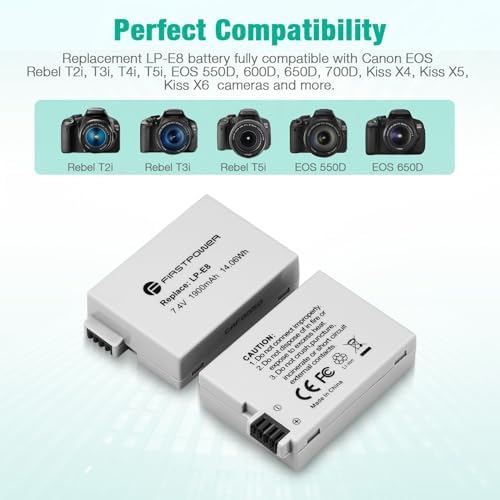 FirstPower 2 Pack LP E8 Batteries Compatible with Canon EOS Rebel T5i  T4i  T3i  T2i  EOS 550D  600D  650D  700D  Kiss X4  Kiss X5  Kiss X6  LC E8E  Not for T2 T3 T4 T5 