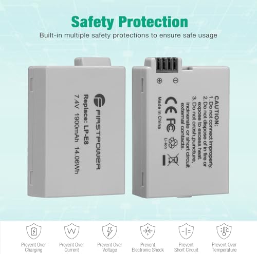 FirstPower 2 Pack LP E8 Batteries Compatible with Canon EOS Rebel T5i  T4i  T3i  T2i  EOS 550D  600D  650D  700D  Kiss X4  Kiss X5  Kiss X6  LC E8E  Not for T2 T3 T4 T5 