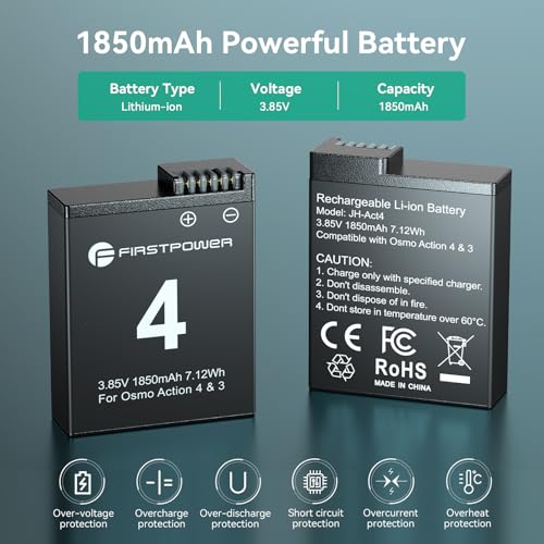 FirstPower Replacement Osmo Action 4&3 Battery  2 Pack 1850mAh  with Dual Fast Charging Hub Compatible with DJI Osmo Action 3 and Osmo Action 4 Cameras