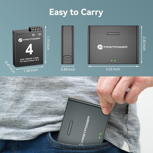 FirstPower Replacement Osmo Action 4&3 Battery  2 Pack 1850mAh  with Dual Fast Charging Hub Compatible with DJI Osmo Action 3 and Osmo Action 4 Cameras