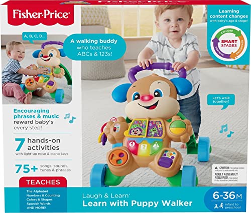 Fisher-Price Juguete para reír y aprender para bebés y niños pequeños, etapas inteligentes para aprender con Puppy Walker, luces musicales educativas y actividades