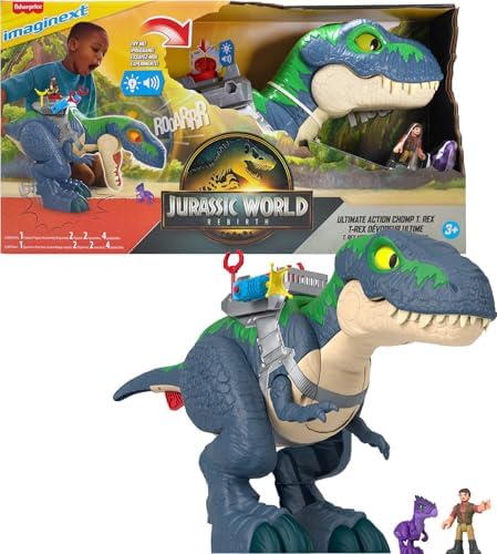 Fisher Price Imaginext Jurassic World Rebirth Dinosaur Playset  Ultimate Action Chomp T  rex 18 inch Dino Toy with Lights  Sounds  Motion & 2 3 inch Action Figures