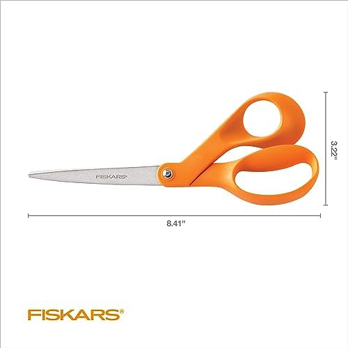 Fiskars Tijeras originales de acero inoxidable con mango naranja de 8 pulgadas, ergonómicas y mantienen el material plano, tijeras afiladas multiusos de papel y tela para oficina, arte y manualidades