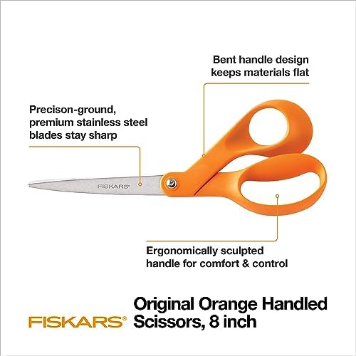 Fiskars Tijeras originales de acero inoxidable con mango naranja de 8 pulgadas, ergonómicas y mantienen el material plano, tijeras afiladas multiusos de papel y tela para oficina, arte y manualidades