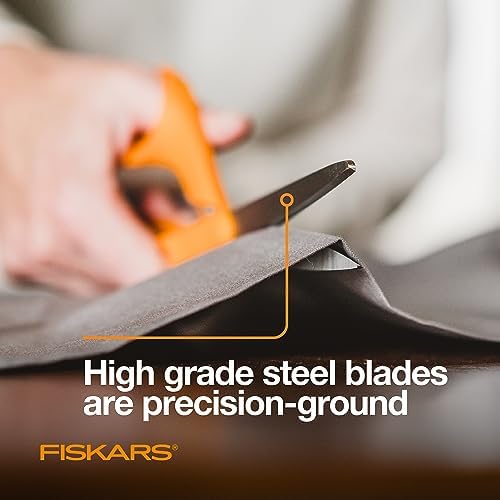 Fiskars Tijeras originales de acero inoxidable con mango naranja de 8 pulgadas, ergonómicas y mantienen el material plano, tijeras afiladas multiusos de papel y tela para oficina, arte y manualidades