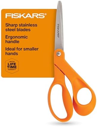Fiskars Tijeras originales de acero inoxidable con mango naranja de 8 pulgadas, ergonómicas y mantienen el material plano, tijeras afiladas multiusos de papel y tela para oficina, arte y manualidades