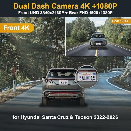 Fitcamx Used Front 4K Rear 1080P Dash Cam Adapts for Hyundai Santa Cruz & Tucson 2022 2026  Part NO#N9000   OEM Look  Dual HD Video  WiFi & APP  Loop Recording  G Sensor  Easy to Use  NO SD Card