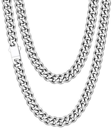 Fiusem - Cadenas chapadas en oro de 14 quilates/tono plata/negro para hombre de 9/64 pulgadas, cadena de eslabones cubanos de acero inoxidable, de 16, 18, 20, 22, 24, 26 y 28 pulgadas