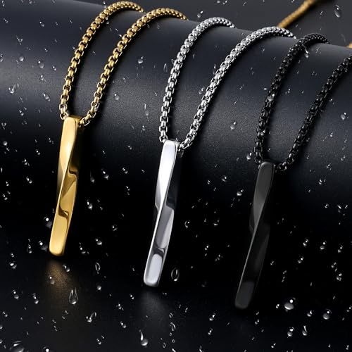 Fiusem Pendant Necklace for Men  Silver Tone/14k Gold Plated/Black Mens Penddant Necklaces with 2 5 mm Box Chain  Stainless Steel Bar Chain  18 28 Inches