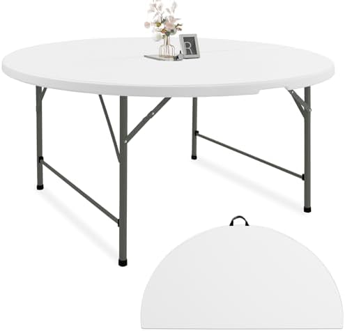 Fivenl 5 FT Round Folding Tables White Foldable Table  Fold in Half with Carrying Handle Portable Plastic Table for Party  Dining  Wedding  Camping  Picnic  Indoor Outdoor Events