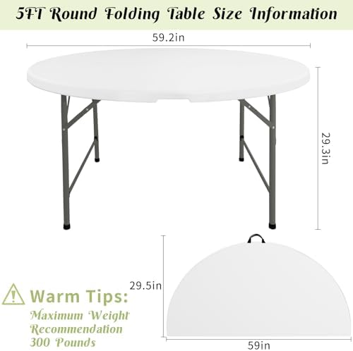 Fivenl 5 FT Round Folding Tables White Foldable Table  Fold in Half with Carrying Handle Portable Plastic Table for Party  Dining  Wedding  Camping  Picnic  Indoor Outdoor Events