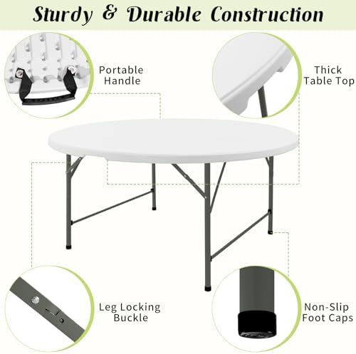 Fivenl 5 FT Round Folding Tables White Foldable Table  Fold in Half with Carrying Handle Portable Plastic Table for Party  Dining  Wedding  Camping  Picnic  Indoor Outdoor Events