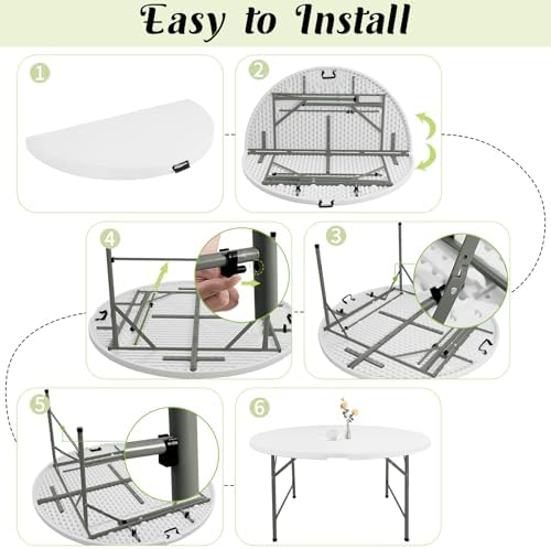Fivenl 5 FT Round Folding Tables White Foldable Table  Fold in Half with Carrying Handle Portable Plastic Table for Party  Dining  Wedding  Camping  Picnic  Indoor Outdoor Events