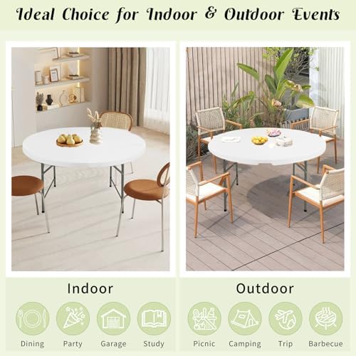 Fivenl 5 FT Round Folding Tables White Foldable Table  Fold in Half with Carrying Handle Portable Plastic Table for Party  Dining  Wedding  Camping  Picnic  Indoor Outdoor Events