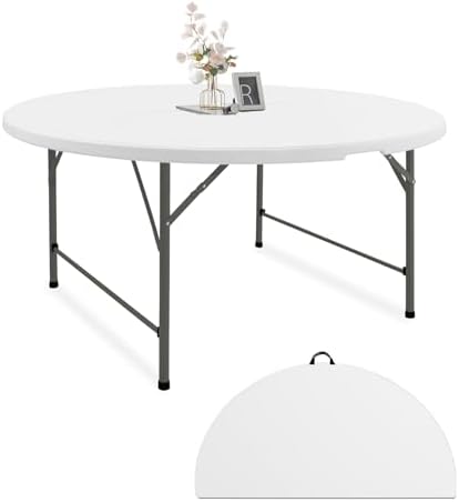 Fivenl 5 FT Round Folding Tables White Foldable Table  Fold in Half with Carrying Handle Portable Plastic Table for Party  Dining  Wedding  Camping  Picnic  Indoor Outdoor Events