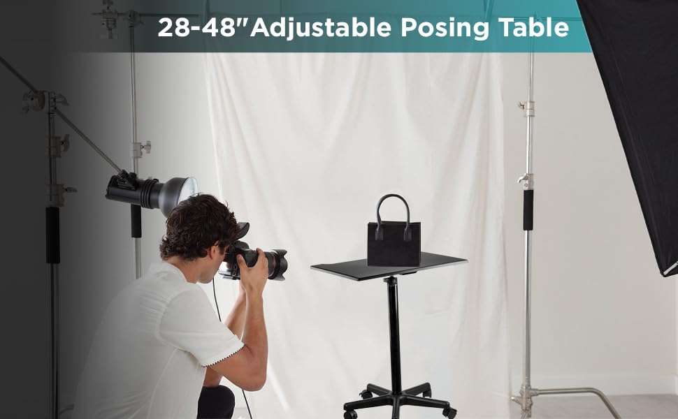 Flashpoint Mesa para posar fotografía de 28 a 48 pulgadas para el hogar y el estudio, mesa de altura ajustable con acabado negro mate de 18 x 27 pulgadas, la parte superior sin reflexión es perfecta