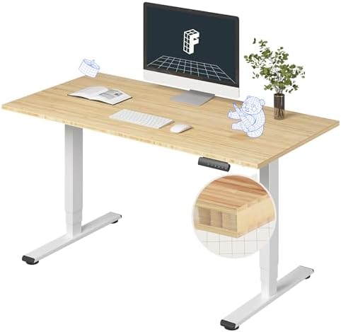 FlexiSpot E6 Bamboo 3 Stage Dual Motor Electric Standing Desk 55 x 28 Sit Stand Up Desk  Holds 220 lbs  Adjustable Height w/ Memory Presets  Solid Bamboo Desktop & White Frame  Ships in 2 Boxes