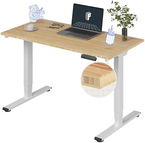 FlexiSpot E6 Bamboo 3 Stage Dual Motor Electric Standing Desk 55 x 28 Sit Stand Up Desk  Holds 220 lbs  Adjustable Height w/ Memory Presets  Solid Bamboo Desktop & White Frame  Ships in 2 Boxes