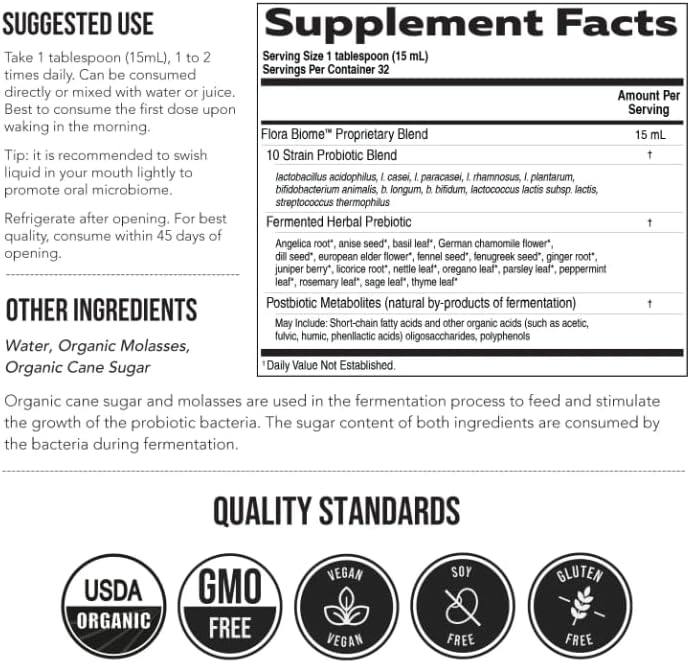 Flora Biome   Live Probiotic  Prebiotic  & Postbiotic   Organic Live Culture   10 Probiotic Strains  18 Fermented Herbs   Complete Gut Health & Microbiome Optimizer  16 oz 