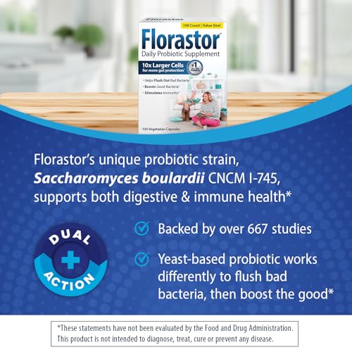 Florastor Probiotics for Digestive and Immune Health  100 Capsules  Probiotics for Women & Men  Helps Flush Out Bad Bacteria  Boosts The Good with Our Unique Strain Saccharomyces Boulardii