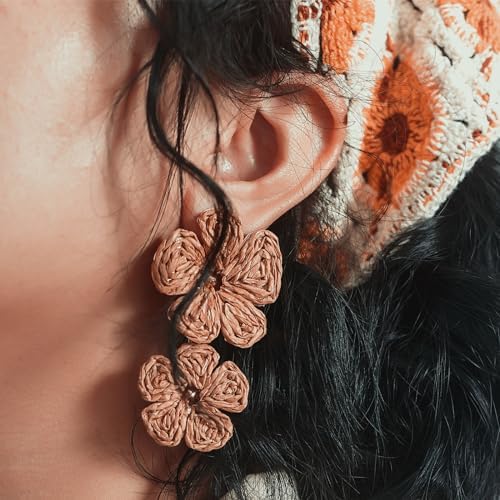 Aretes de gota con flor, aretes florales de rafia, bohemios, llamativos, colgantes, a la moda, bonitos, joyas de verano para mujer