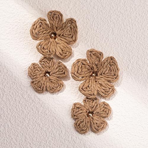 Aretes de gota con flor, aretes florales de rafia, bohemios, llamativos, colgantes, a la moda, bonitos, joyas de verano para mujer