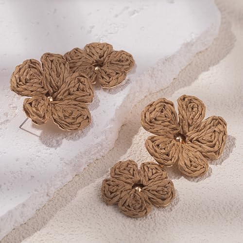 Aretes de gota con flor, aretes florales de rafia, bohemios, llamativos, colgantes, a la moda, bonitos, joyas de verano para mujer