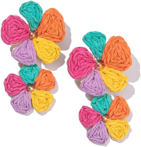 Aretes de gota con flor, aretes florales de rafia, bohemios, llamativos, colgantes, a la moda, bonitos, joyas de verano para mujer
