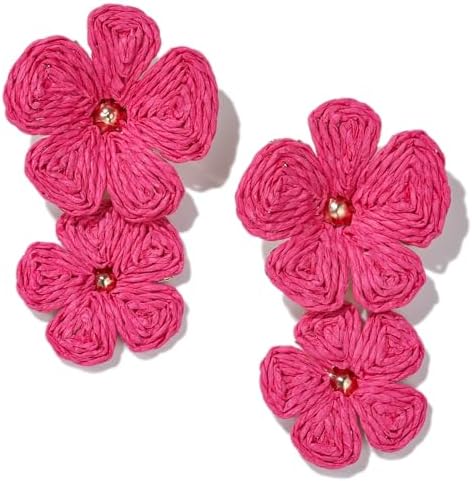 Aretes de gota con flor, aretes florales de rafia, bohemios, llamativos, colgantes, a la moda, bonitos, joyas de verano para mujer