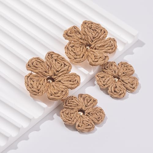 Aretes de gota con flor, aretes florales de rafia, bohemios, llamativos, colgantes, a la moda, bonitos, joyas de verano para mujer
