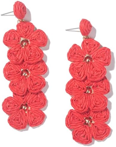 Aretes de gota con flor, aretes florales de rafia, bohemios, llamativos, colgantes, a la moda, bonitos, joyas de verano para mujer