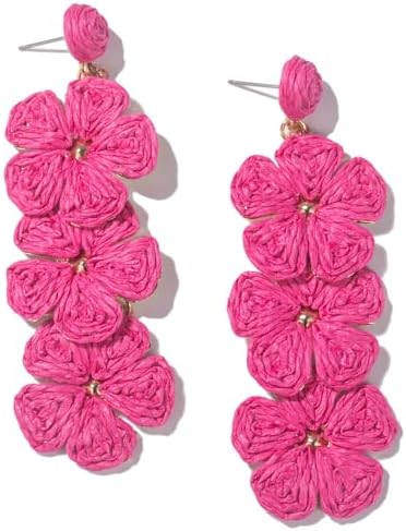 Aretes de gota con flor, aretes florales de rafia, bohemios, llamativos, colgantes, a la moda, bonitos, joyas de verano para mujer