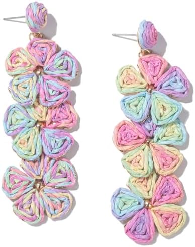 Aretes de gota con flor, aretes florales de rafia, bohemios, llamativos, colgantes, a la moda, bonitos, joyas de verano para mujer