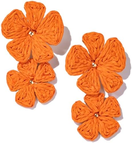 Aretes de gota con flor, aretes florales de rafia, bohemios, llamativos, colgantes, a la moda, bonitos, joyas de verano para mujer