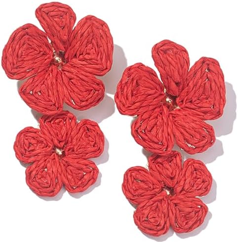 Aretes de gota con flor, aretes florales de rafia, bohemios, llamativos, colgantes, a la moda, bonitos, joyas de verano para mujer