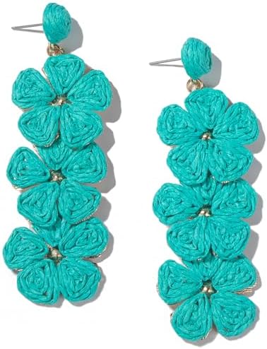 Aretes de gota con flor, aretes florales de rafia, bohemios, llamativos, colgantes, a la moda, bonitos, joyas de verano para mujer