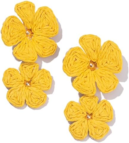 Aretes de gota con flor, aretes florales de rafia, bohemios, llamativos, colgantes, a la moda, bonitos, joyas de verano para mujer