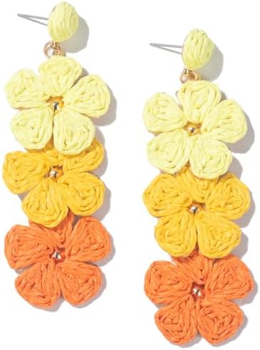 Aretes de gota con flor, aretes florales de rafia, bohemios, llamativos, colgantes, a la moda, bonitos, joyas de verano para mujer