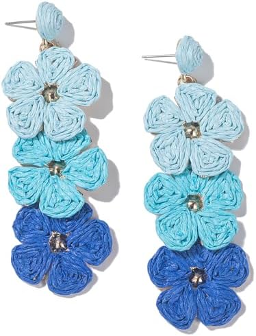 Aretes de gota con flor, aretes florales de rafia, bohemios, llamativos, colgantes, a la moda, bonitos, joyas de verano para mujer