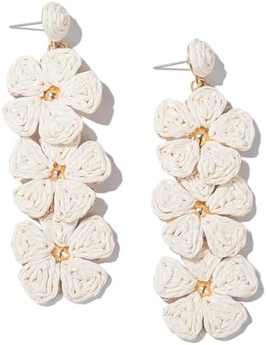 Aretes de gota con flor, aretes florales de rafia, bohemios, llamativos, colgantes, a la moda, bonitos, joyas de verano para mujer