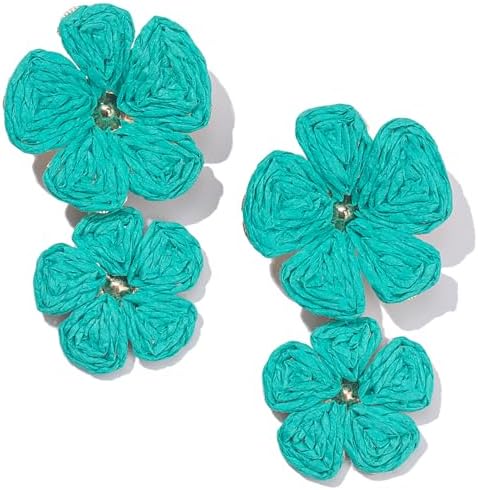 Aretes de gota con flor, aretes florales de rafia, bohemios, llamativos, colgantes, a la moda, bonitos, joyas de verano para mujer