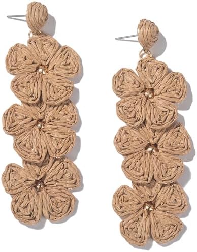 Aretes de gota con flor, aretes florales de rafia, bohemios, llamativos, colgantes, a la moda, bonitos, joyas de verano para mujer